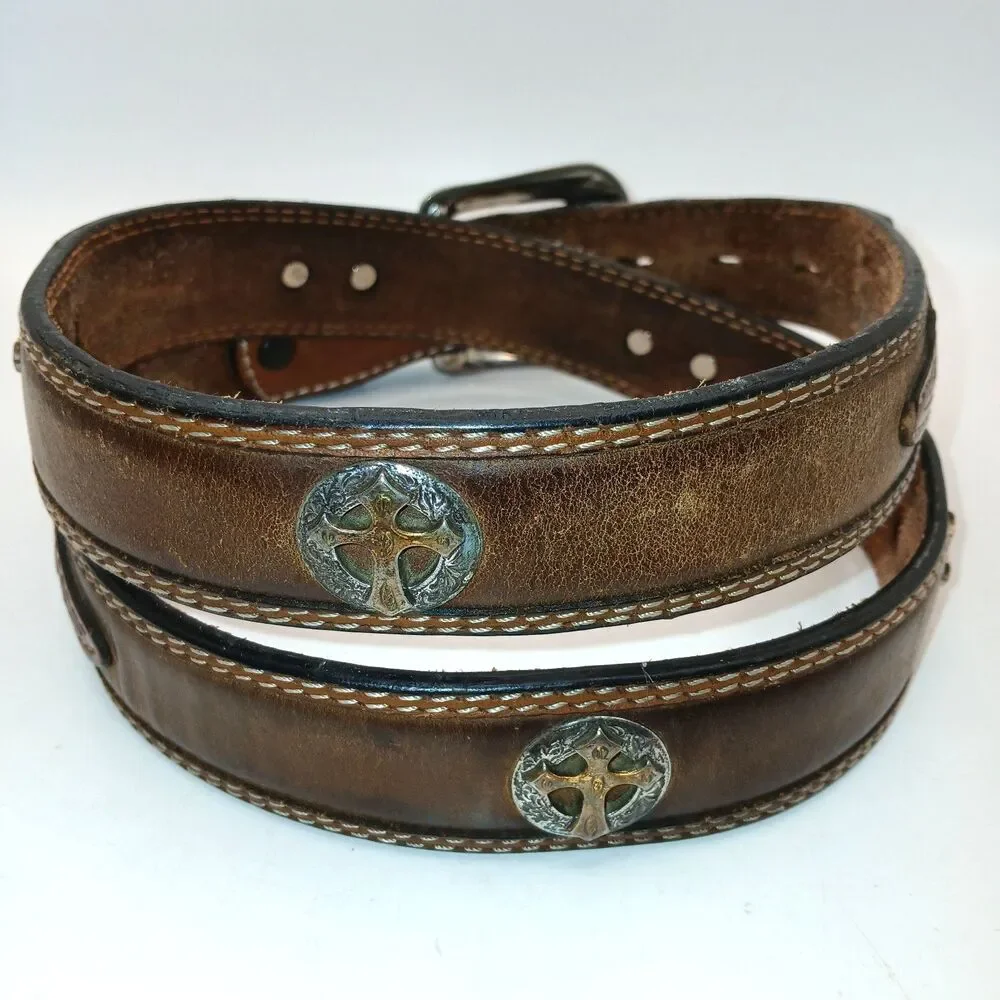3D Belt Mens Size 40 Brown Hand Tooled Western Concho Cross Studded